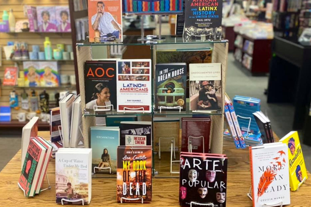 Spread of books by Latinx and Hispanic authors at Vroman's Bookstore