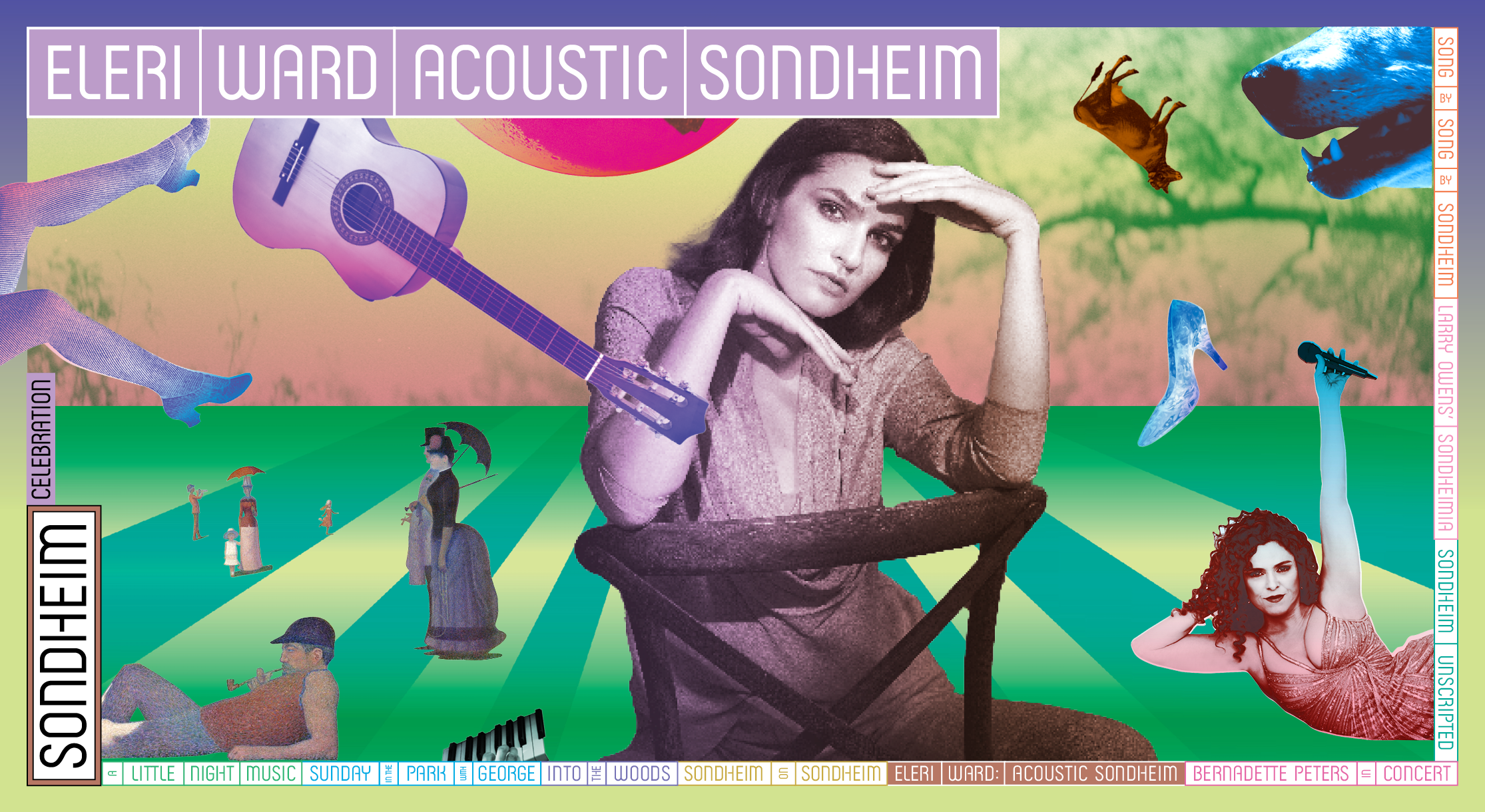 Eleri Ward: Acoustic Sondheim text above a colorful graphic with various icons and photos that represent Sondheim and his work, with a larger photo of Eeri Ward in the center.