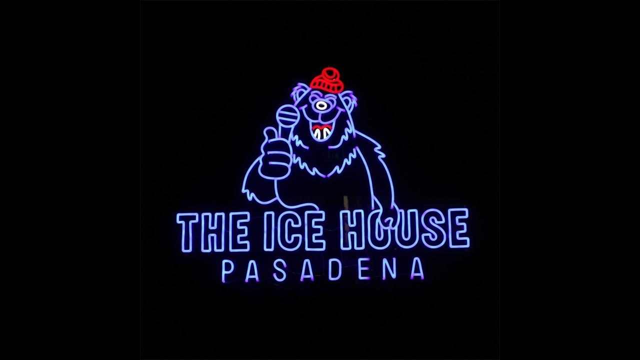 The Ice House logo features a neon outline of a polar bear wearing a red beanie and holding a microphone over the words The Ice House Pasadena.