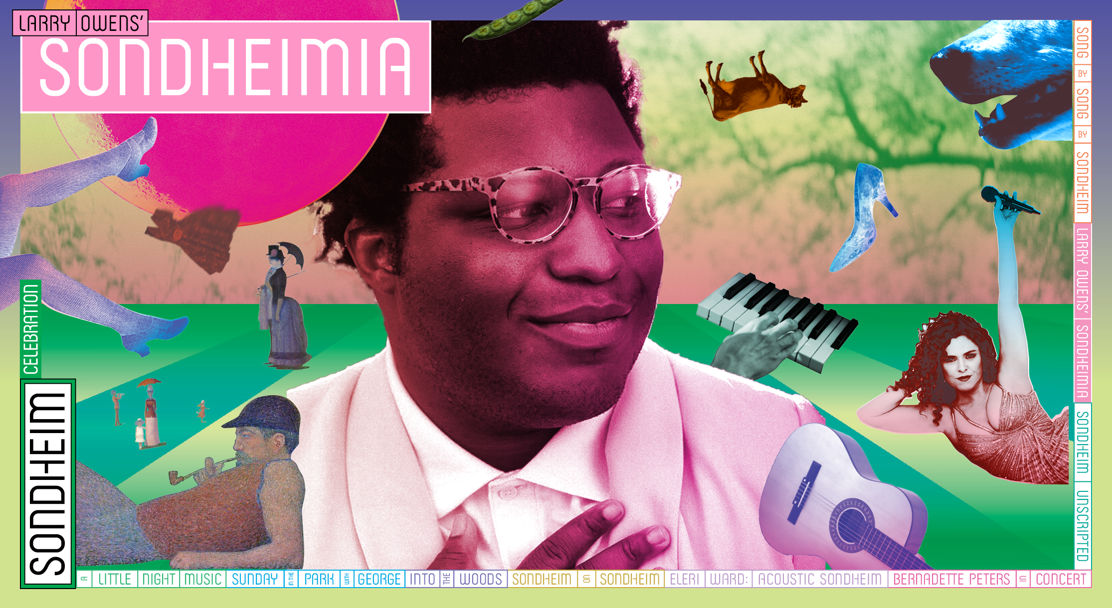 Sonhemia title text above a colorful graphic with various icons representing Sondheim and his work, with a larger photo of Larry Owens in the center