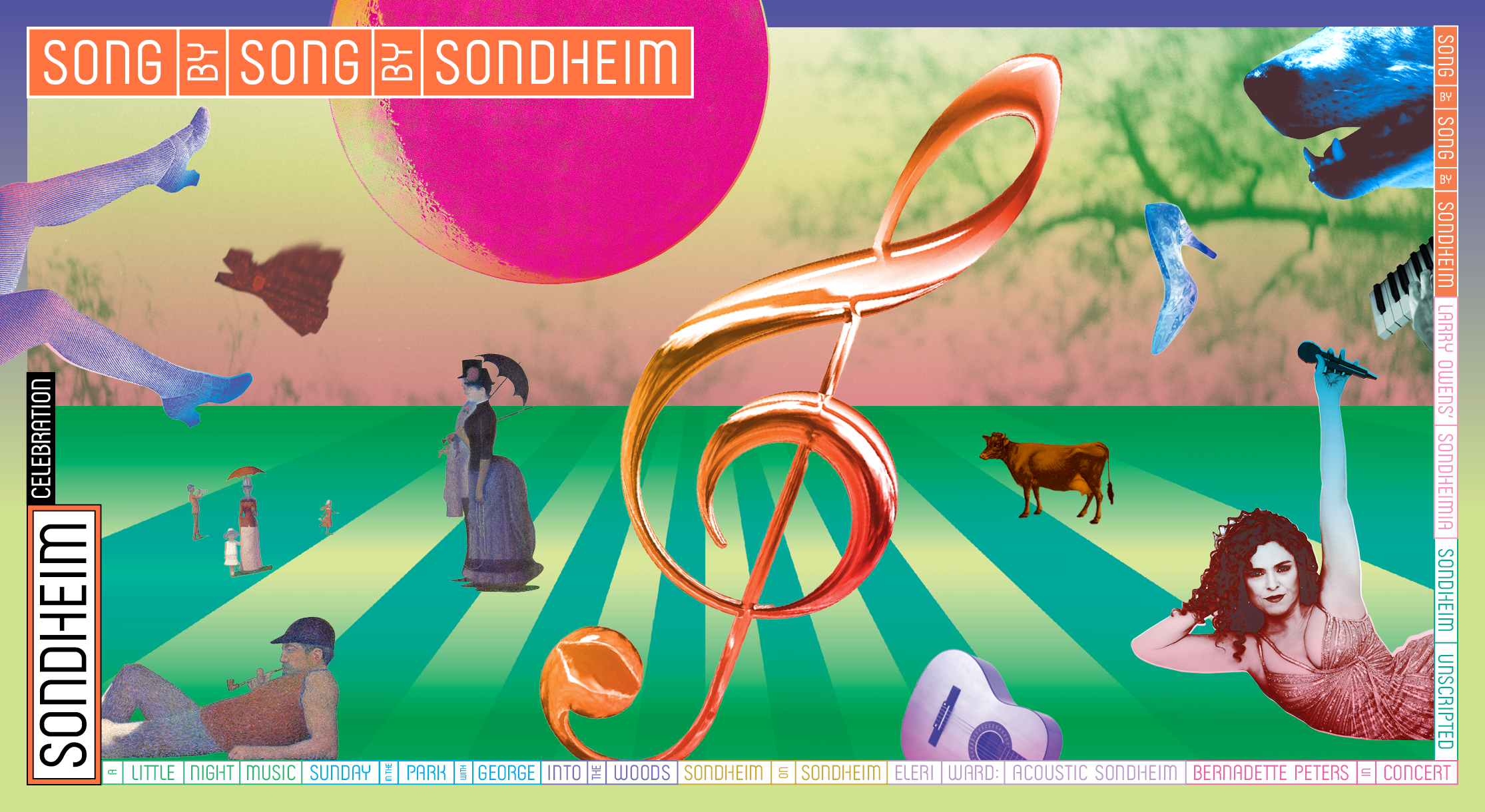 Title text Song by Song by Sondheim above a colorful graphic of various symbols of Sondheim and his work with a large music note i the center.