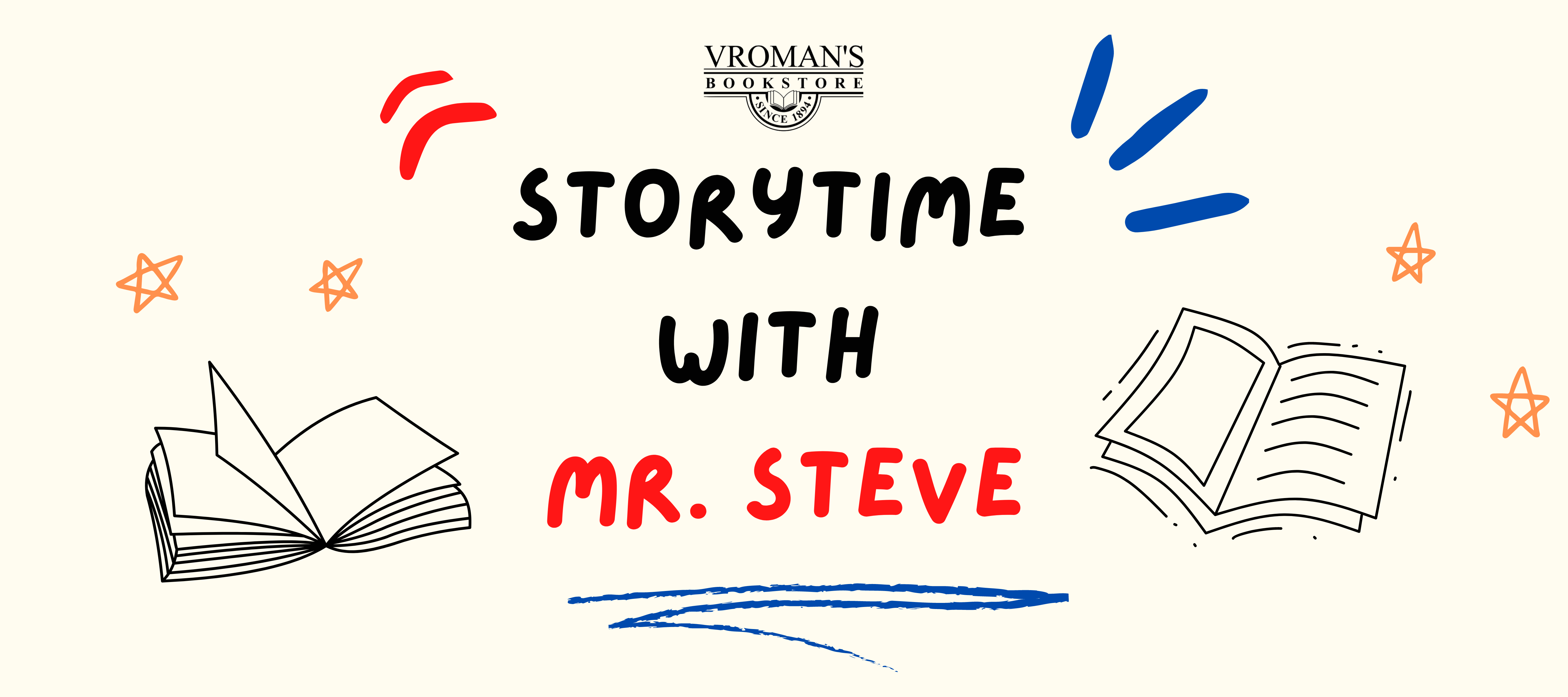 Story time with Mr. Steve graphic with doodles of books and stars.