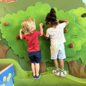 Two young children climb on a "tree" at the Wild California exhibit at Southern California Children's Museum