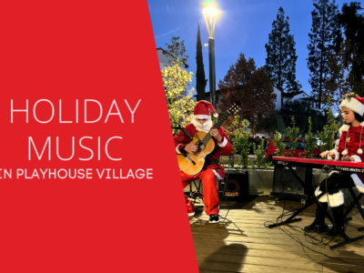 Header featuring the words Holiday Music in Playhouse Village on a red background that goes over a photograph of two performers at a holiday concert wearing festive red outfits.