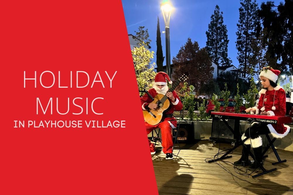 Header featuring the words Holiday Music in Playhouse Village on a red background that goes over a photograph of two performers at a holiday concert wearing festive red outfits.