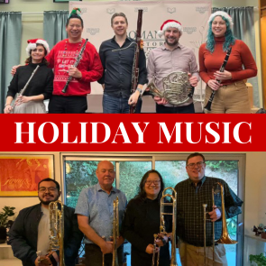 Two photographs of holiday groups that will be performing at Vroman's Bookstore, with the words Holiday Music diving the two group photographs.