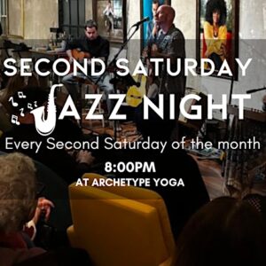 Second Saturday Jazz Night words are imposed over a photo of a crowd watching a solo performer at a Jazz Night.