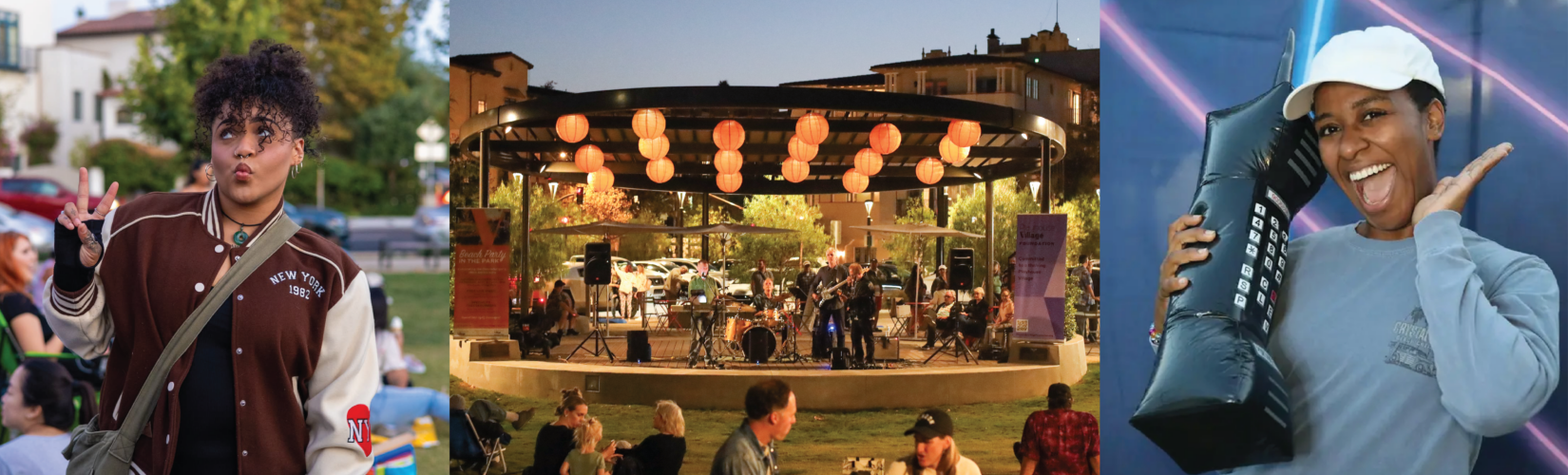a collage of three photos. One photo is a woman wearing a brown bomber jacket posing while making a peace sign with her fingers. The next photos is a nighttime shot of a band performing on the stage at Playhouse Village park, lit up by lanterns. The last photo is a woman posing with a giant inflatable vintage cell phone.